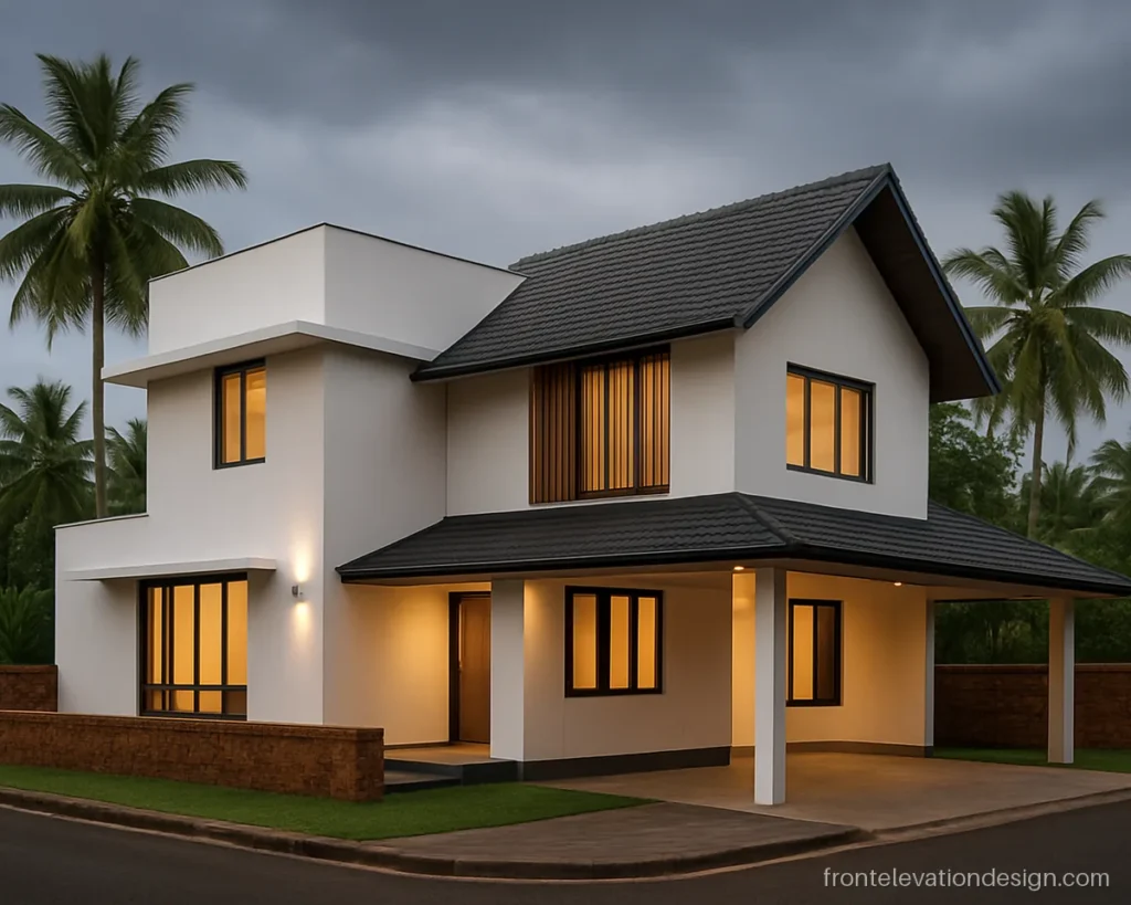Front elevation simple modern Kerala house design with a mix of flat and sloped roof