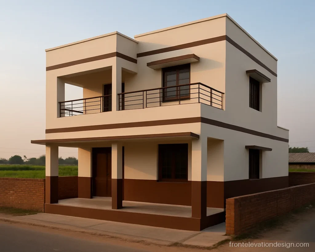 Modern village house front elevation India with a cream G+1 front and open terrace