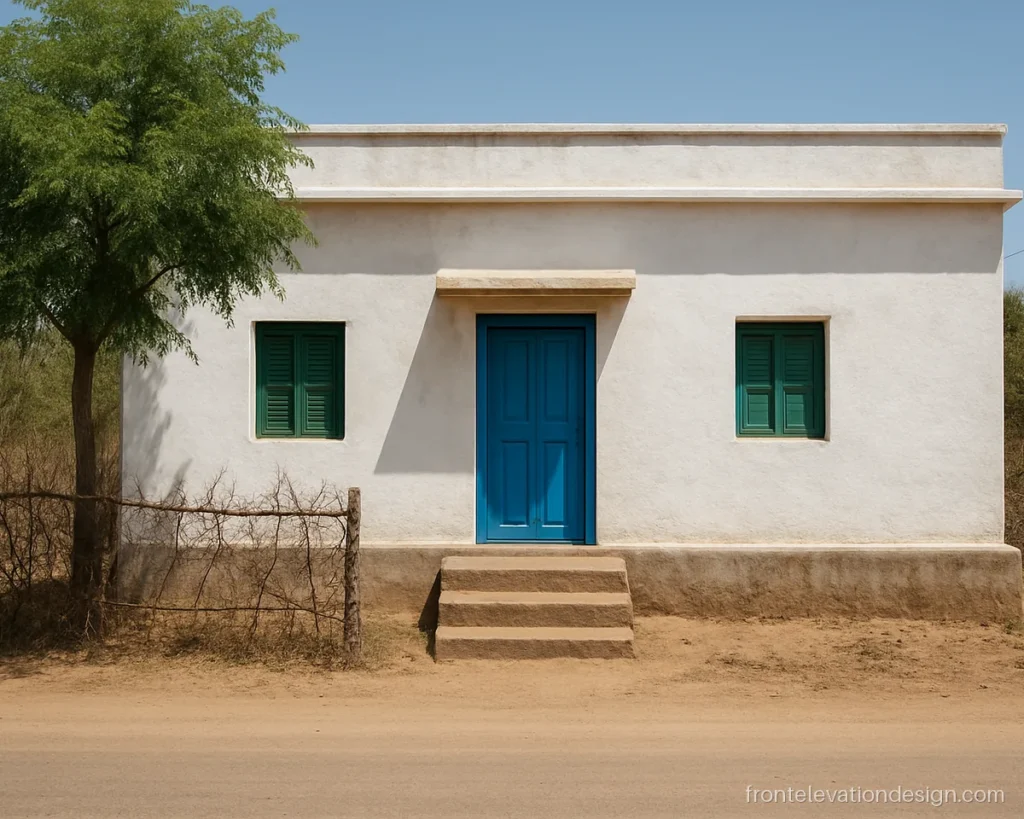 Village normal house front elevation designs with white lime walls and a blue door