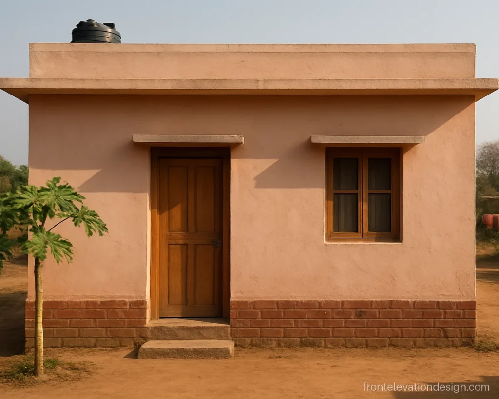 Village front elevation designs for small houses with pink walls and an exposed brick plinth