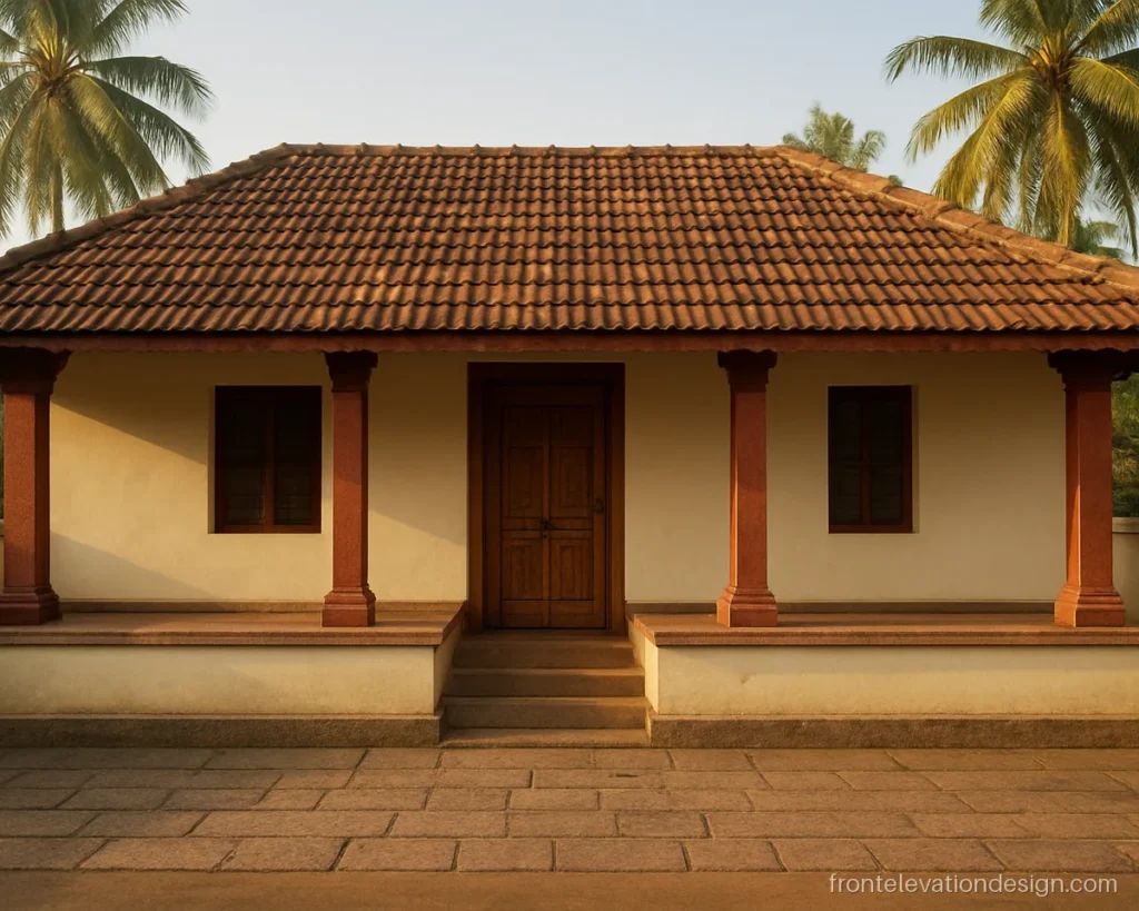 South Indian village house front elevation with a thinnai seat and red pillars